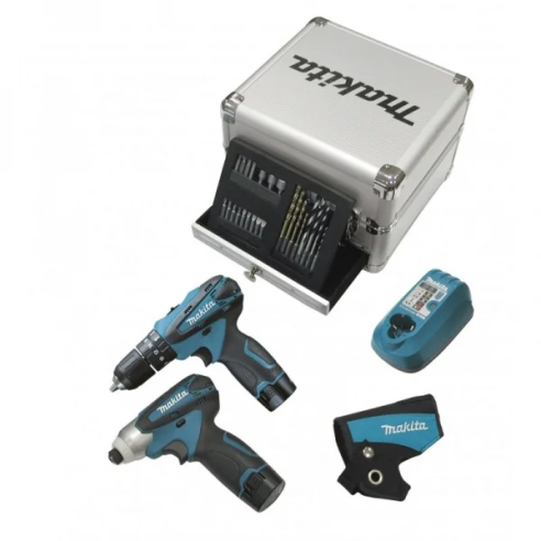 Kit Makita DK1493X1 avvitatore percussione HP330D + avvitatore impulsi TD090D Makita + accessori con 2 batterie 10,8V e caricaba