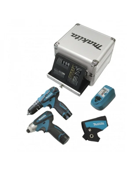 Kit Makita DK1493X1 avvitatore percussione HP330D + avvitatore impulsi TD090D Makita + accessori con 2 batterie 10,8V e caricaba
