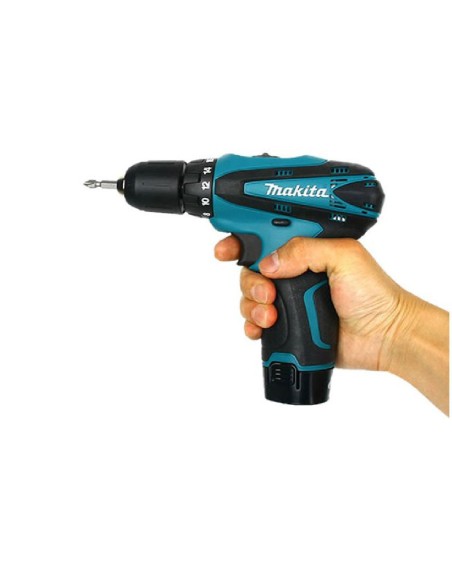 Kit Makita DK1493X1 avvitatore percussione HP330D + avvitatore impulsi TD090D Makita + accessori con 2 batterie 10,8V e caricaba