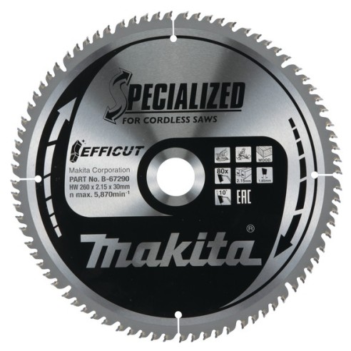 Makita B-67290 Lama efficut T.C.T. x legno d. 260x30mm 80T