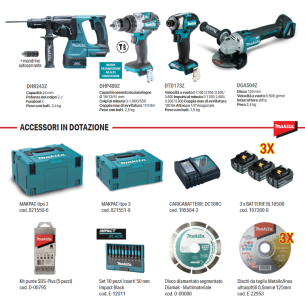 Kit Makita DLX4195JX1 tassellatore DHR243 con doppio mandrino + smerigliatrice DGA504 115/125mm + 2 avvitatori e 3 batterie