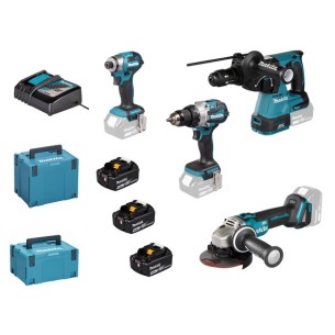 Kit Makita DLX4195JX1 tassellatore DHR243 con doppio mandrino + smerigliatrice DGA504 115/125mm + 2 avvitatori e 3 batterie 2