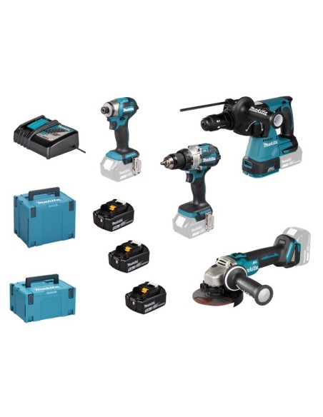 Kit Makita DLX4195JX1 tassellatore DHR243 con doppio mandrino + smerigliatrice DGA504 115/125mm + 2 avvitatori e 3 batterie