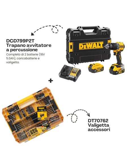 Kit Dewalt: Trapano avvitatore a percussione DCD799P2T (con batterie 18V 5.0Ah) + Valigetta accessori DT70762