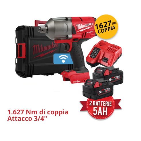 Milwaukee M18 ONEFHIWF34-502X Avvitatore impulsi 18V 1.627Nm, attacco 3/4 - Con 2 batterie 4933459730