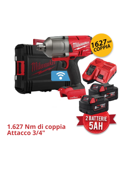 Milwaukee M18 ONEFHIWF34-502X Avvitatore impulsi 18V 1.627Nm, attacco 3/4 - Con 2 batterie 4933459730