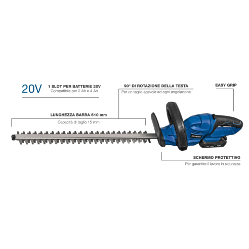 Hyundai 25400 Tagliasiepi a batteria 20V, barra 510mm - Con batteria