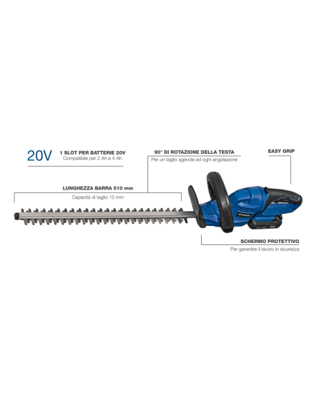 Hyundai 25400 Tagliasiepi a batteria 20V, barra 510mm - Con batteria