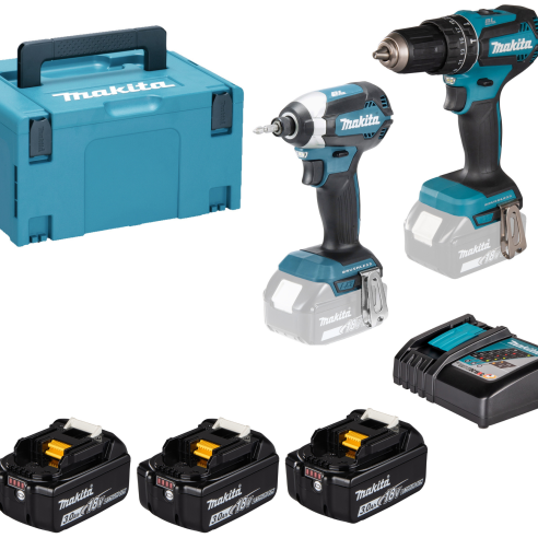 Kit Makita: DHP485 (avv. percussione 60Nm) + DTD153 (avv. impulsi 170Nm) + 3 batterie BL1830B (18V 3Ah) + caricabatterie        