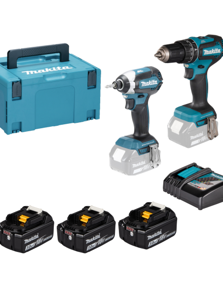 Kit Makita: DHP485 (avv. percussione 60Nm) + DTD153 (avv. impulsi 170Nm) + 3 batterie BL1830B (18V 3Ah) + caricabatterie        